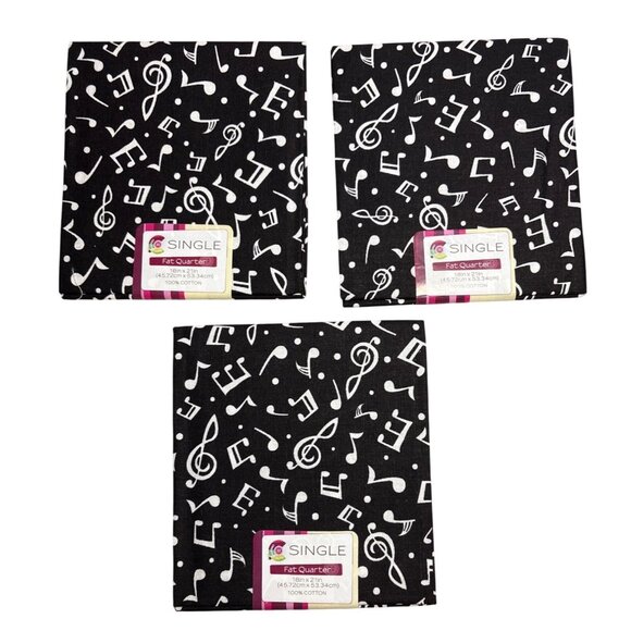 Music Note Print Black & White Fat Quarters 18"x21" 100% Cotton Fabric Set of 3 - Picture 1 of 5